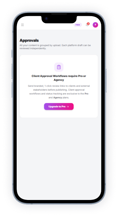 SocialPro Approvals screen shown on a phone