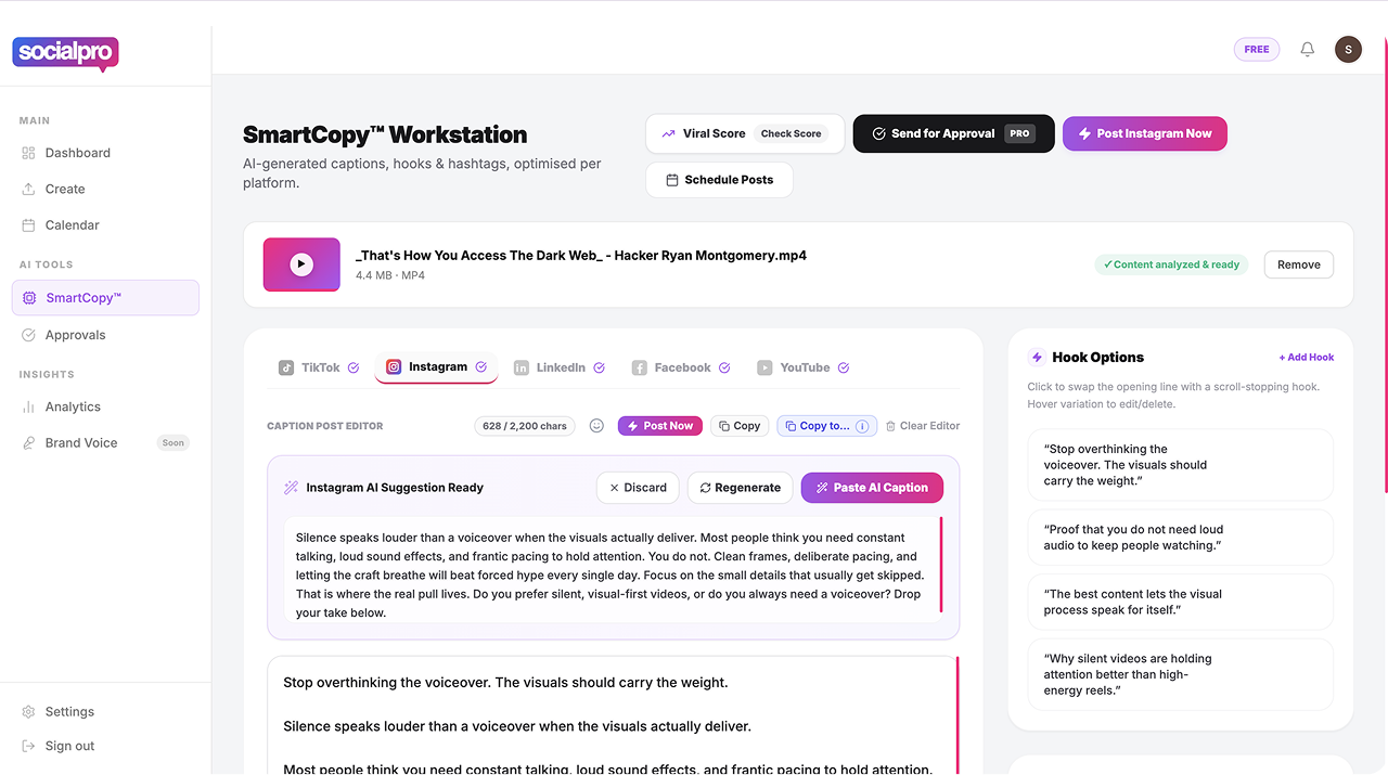 SmartCopy workstation showing the TikTok caption editor